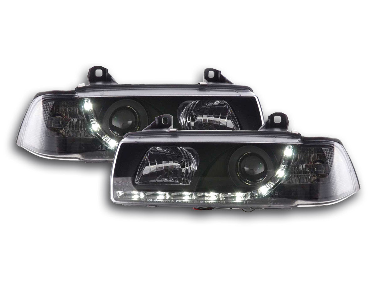 Scheinwerfer Set Daylight LED Tagfahrlicht BMW 3er E36 Limo/Touring schwarz für Rechtslenker Scheinwerfer Set Daylight LED Tagfahrlicht BMW 3er E36 Limo/Touring schwarz für Rechtslenker